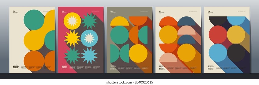 Abstract Paintings. Set of vector illustrations. Memphis and Bauhaus style designs. Geometric shapes, backgrounds, trendy patterns. Retro elements for web, sale banners, posters, flyer.