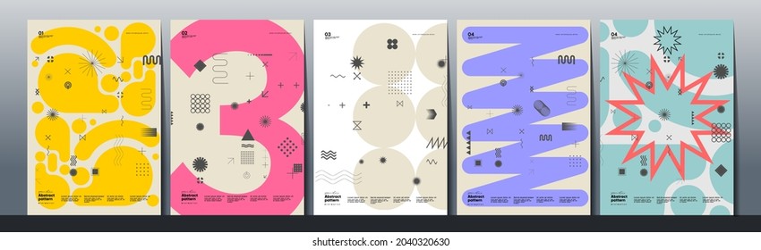 Abstract Paintings. Set of vector illustrations. Memphis and Bauhaus style designs. Geometric shapes, backgrounds, trendy patterns. Retro elements for web, sale banners, posters, flyer.