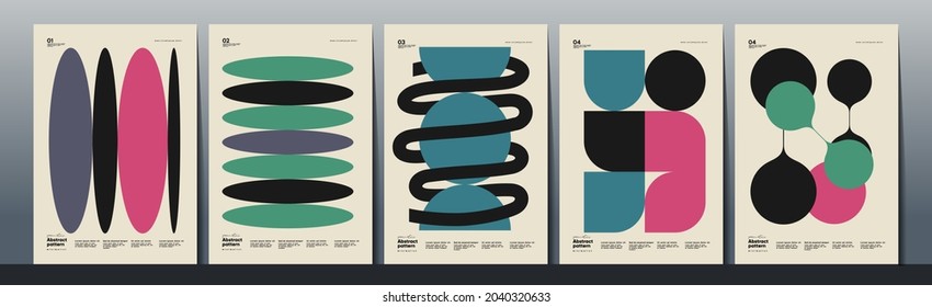 Abstract Paintings. Set of vector illustrations. Memphis and Bauhaus style designs. Geometric shapes, backgrounds, trendy patterns. Retro elements for web, sale banners, posters, flyer.