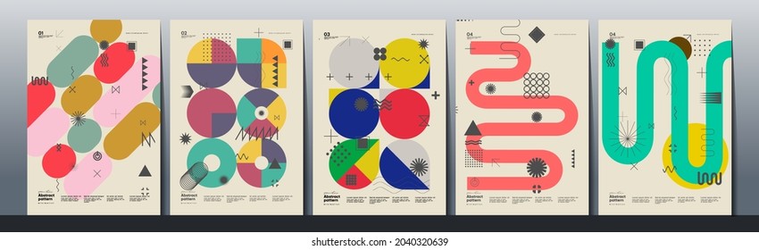 Abstract Paintings. Set of vector illustrations. Memphis and Bauhaus style designs. Geometric shapes, backgrounds, trendy patterns. Retro elements for web, sale banners, posters, flyer.