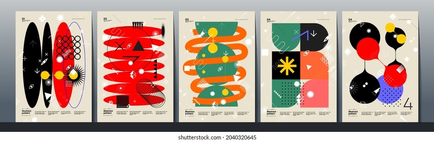 Abstract Paintings. Set of vector illustrations. Memphis and Bauhaus style designs. Geometric shapes, backgrounds, trendy patterns. Retro elements for web, sale banners, posters, flyer.