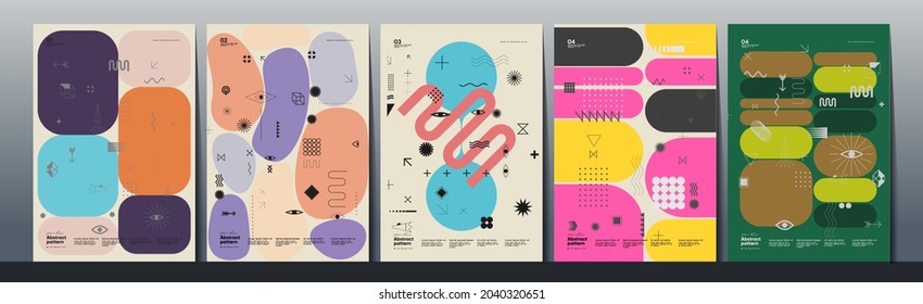 Abstract Paintings. Set of vector illustrations. Memphis and Bauhaus style designs. Geometric shapes, backgrounds, trendy patterns. Retro elements for web, sale banners, posters, flyer.