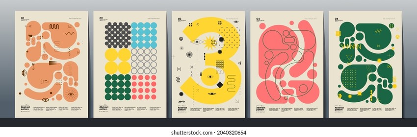 Abstract Paintings. Set of vector illustrations. Memphis and Bauhaus style designs. Geometric shapes, backgrounds, trendy patterns. Retro elements for web, sale banners, posters, flyer.