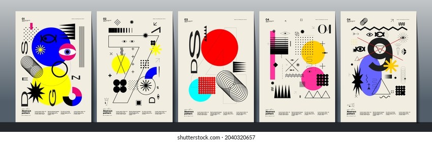 Abstract Paintings. Set of vector illustrations. Memphis and Bauhaus style designs. Geometric shapes, backgrounds, trendy patterns. Retro elements for web, sale banners, posters, flyer.