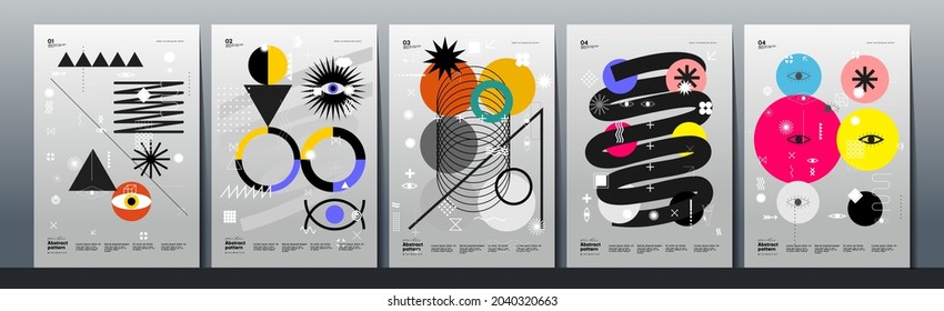 Abstract Paintings. Set of vector illustrations. Memphis and Bauhaus style designs. Geometric shapes, backgrounds, trendy patterns. Retro elements for web, sale banners, posters, flyer.
