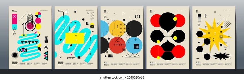 Abstract Paintings. Set of vector illustrations. Memphis and Bauhaus style designs. Geometric shapes, backgrounds, trendy patterns. Retro elements for web, sale banners, posters, flyer.