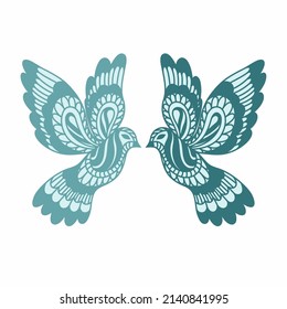 Abstract pair of doodle- style pigeons on a white background are symbols of peace. Vector illustration