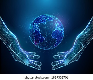Abstract pair of hands holding planet Earth. Low poly style design. Ecological concept. Modern blue 3d graphic geometric background. Wireframe light connection structure. Isolated vector illustration.