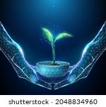 Abstract pair of hands holding young green plant in pot. Seedling. Low poly style design.  Modern blue 3d graphic geometric background. Wireframe light connection structure. Vector illustration.