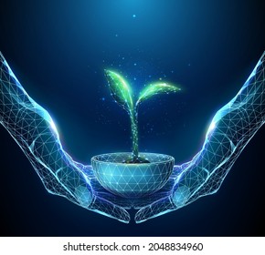 Abstract pair of hands holding young green plant in pot. Seedling. Low poly style design.  Modern blue 3d graphic geometric background. Wireframe light connection structure. Vector illustration.