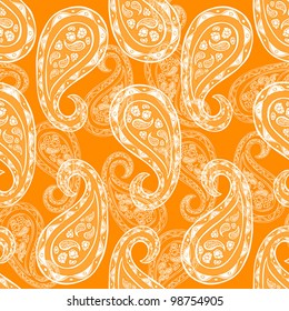 Abstract paisley background, fashion seamless pattern, monochrome vector wallpaper, Indian style orange, white fabric, vintage wrapping with graphic paisley ornaments -summer, spring theme for design