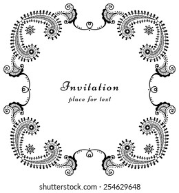 Abstract paisley frame with decorative corners for page decoration, invitation, greetings cards  or announcements. Hand drawn vector illustration in black and white colors.