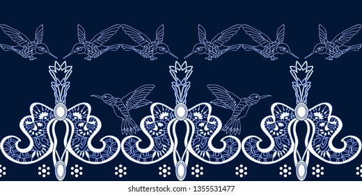 Abstract paisley pattern with flying birds. Seamless blue and white lacy border with floral and geometric elements. Oriental design collection.
