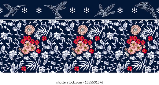 Abstract paisley pattern with flying birds and flowers. Seamless blue and white lacy border with floral and geometric elements. Oriental design collection.