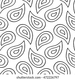 Abstract paisley pattern with hand drawn ink buta. Cute vector black and white paisley pattern. Seamless monochrome paisley pattern for fabric, wallpapers, wrapping paper, cards and web backgrounds.