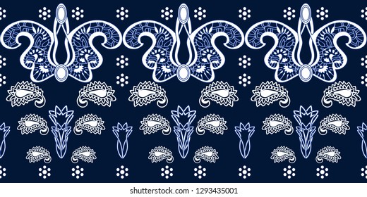 Abstract paisley pattern with Indian motifs. Seamless blue and white lacy border with different geometric elements. Oriental design collection.