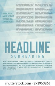 Abstract pale blue background. Article in newsletter, booklet or magazine textured by triangles. Template of publication. Vector layout. CMYK color mode