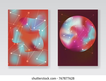 Abstract pale red cosmic backgrounds with gradient planets, stardust and white connected stars or network for fashion flyer, brochure design. Creative posters set, covers design, futuristic banner