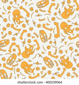 Abstract paleontologic seamless background pattern with dinosaurs skulls and bones, tyrannosaurus and triceratops . Vector illustration texture for design, wallpaper. 