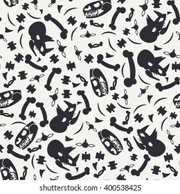 Abstract paleontologic seamless background pattern with dinosaurs skulls, bones, tyrannosaurus and triceratops . Vector illustration texture for design, wallpaper. Archeology. Dinosaurs skulls, bones.