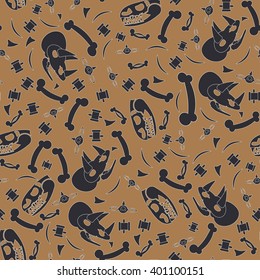 Abstract paleontologic seamless background pattern with dinosaurs skulls, bones, tyrannosaurus and triceratops . Vector illustration texture for design, wallpaper. Archeology. Dinosaurs skulls, bones.