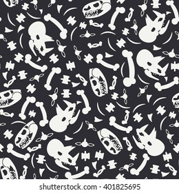Abstract paleontologic seamless background pattern with dinosaurs skulls, bones, tyrannosaurus and triceratops . Vector illustration texture for design, wallpaper. Archeology. Dinosaurs skulls, bones.