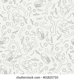 Abstract paleontologic seamless background pattern with dinosaurs skulls, bones, tyrannosaurus and triceratops . Vector illustration texture for design, wallpaper. Archeology. Dinosaurs skulls, bones.