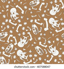 Abstract paleontologic seamless background pattern with dinosaurs skulls, bones, tyrannosaurus and triceratops . Vector illustration texture for design, wallpaper. Archeology. Dinosaurs skulls, bones.
