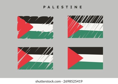 Bandeira abstrata da Palestina colocada em ondas. Quatro estilos de esboço.