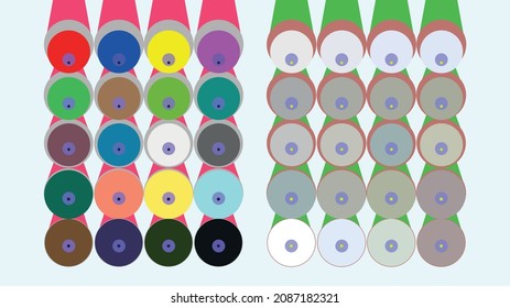 Abstract palitras of pencils, view under corner; colored and grey palette; for poster, backdrops, signs.
