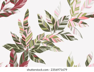 Abstract palm foliage repeat pattern design. Trendy organic spring fashion cloth print. Paradise bush branch leaves seamless pattern. Stripes texture plant leaves.