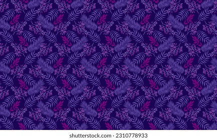 Abstract palm leaf n bunch of flowers seamless pattern.  Elements in pink and light purple on dark purple background. For cloth male shirt lady dress decoration cover wallpaper