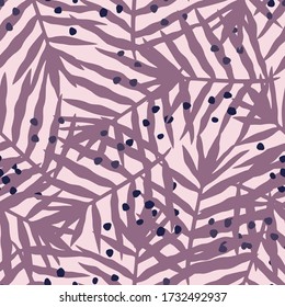 Abstract palm leaf seamless pattern on pink background. Exotic tropical fern leaves endless backfrop. Jungle foliage wallpaper. Design for fabric, textile print, wrapping. Vector illustration