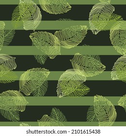 Abstract palm leaf seamless pattern with hand drawn foliage print. Simple Jungle background. Vector illustration for seasonal textile prints, fabric, banners, backdrops and wallpapers.