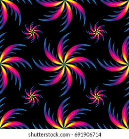 Abstract palm leafs with spectrum gradient. Seamless pattern. Summer style. Dark style. Vector illustration.