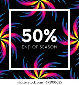 Abstract palm leafs with spectrum gradient. Fifty percent off. Special offer. Summer sale banner. End of season. Black frame. Dark style. Vector illustration.