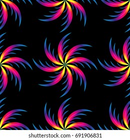 Abstract palm leafs with spectrum gradient. Seamless pattern. Summer style. Dark style. Vector illustration.