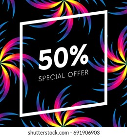 Abstract palm leafs with spectrum gradient. Fifty percent off. Special offer. Summer sale banner. Black frame. Dark style. Vector illustration.