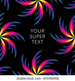 Abstract palm leafs with spectrum gradient. Text frame. Summer style. Dark style. Vector illustration.