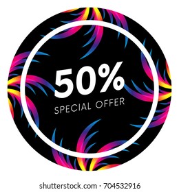 Abstract palm leafs with spectrum gradient. Sticker. Fifty percent off. Special offer. Summer sale banner. Black frame. Dark style. Vector illustration.