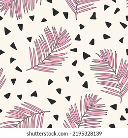 Abstract palm leaves contour, silhouette, small random triangle seamless pattern. Abstract tropical leaf on geometric background. Vector summer tropics illustration for prints design, cover, wallpaper