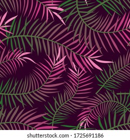 Abstract palm leaves dark seamless pattern. From green to violet colors graduation. Jungle foliage silhouettes for repeatable decorative ornament. Vector illustration.
