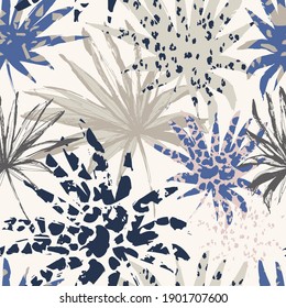 Abstract palm leaves filled with animal print. Modern trendy tropical seamless pattern. Exotic foliage background with rough texture for textile, fabric, print design