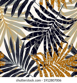 Abstract Palm Leaves Filled With Animal Print. Modern Trendy Tropical Seamless Pattern. Exotic Foliage Background With Rough Texture For Textile, Fabric, Print Design