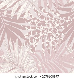 Abstract palm leaves filled with animal print. Modern trendy tropical seamless pattern in rustic blush pink colors. Exotic foliage background with rough texture for textile, fabric, print design