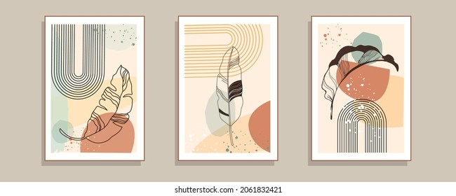 Abstract palm leaves and geometric shapes for wall decoration. Modern trend minimalist style, social media, wallpapers, print, postcards