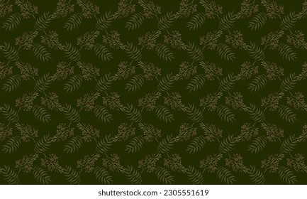 Abstract palm leaves and inflorescence flower seamless pattern. Olive green, beige and red brown element on green background. For male masculine cloth ladies dress silk scarf fabric apparel textile 