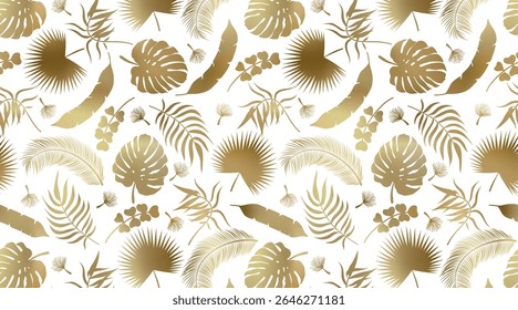 Abstract palm leaves pattern background. Vector gradient gold tropical jungle texture. Abstract palm leaf silhouettes summer golden foil print for exotic wallpapers, wrapping, backdrop, decor.
