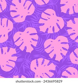 Abstract palm leaves seamless pattern. Vector pink and purple tropical leaf print for fabric, summer decor, wrapping paper
