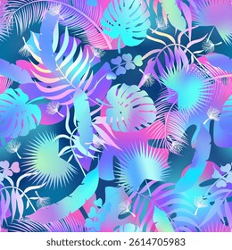 Abstract palm leaves seamless pattern. Vector holographic tropical jungle texture on neon gradient background. Abstract palm leaf silhouettes summer print for exotic wallpapers, wrapping, backdrop.